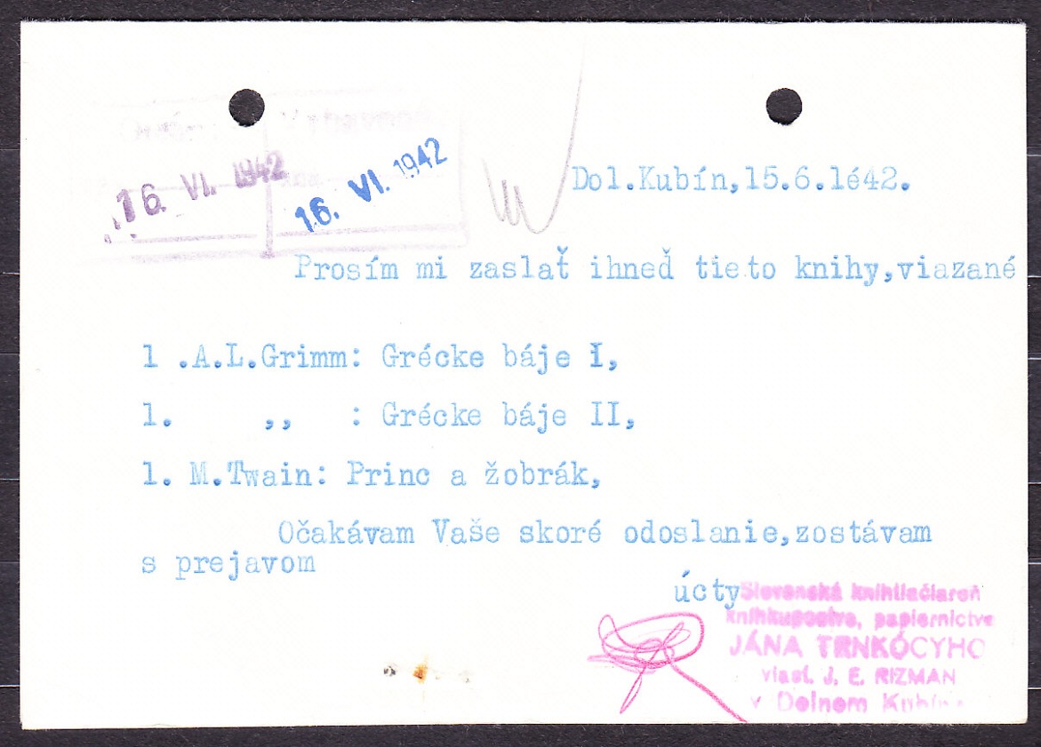 SLOVENSKÝ ŠTÁT 1942, poštový lístok. SLOVENSKÁ KNÍHTLAČIAREŇ JÁNA TRKÓCYHO, J. E. RIZMAN - DOLNÝ KUBÍN.