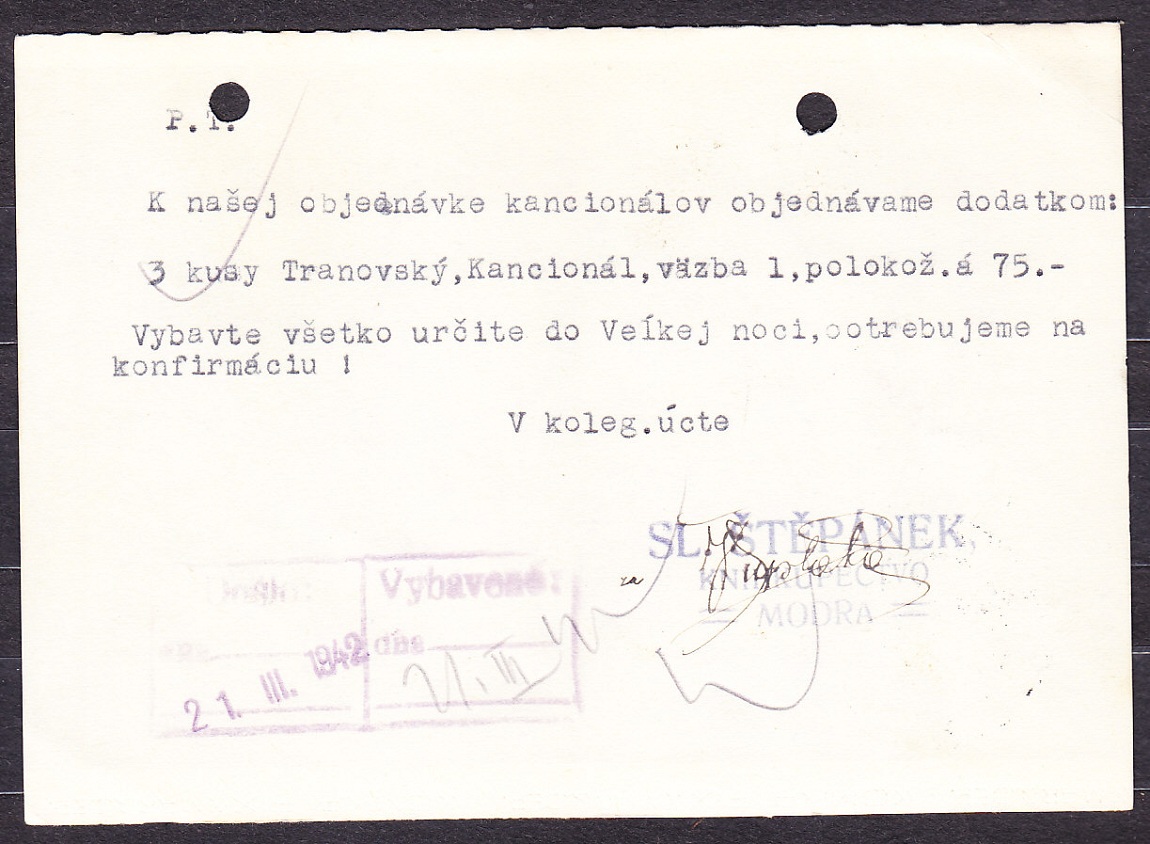 SLOVENSKÝ ŠTÁT 1942, poštový lístok. KNÍHKUPECTVO, PAPIERNICTVO, FOTO, KERAMIKA, SLAVOMÍR ŠTĚPÁNEK - MODRA.