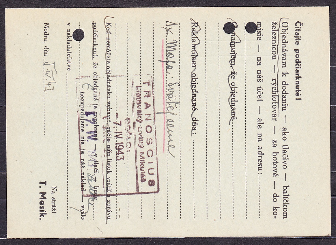 SLOVENSKÝ ŠTÁT 1943, poštový lístok. NAKLADATEĽSTVO, KNÍHKUPECTVO A PAPIERNICTVO, TEODOR MESÍK - MODRA.