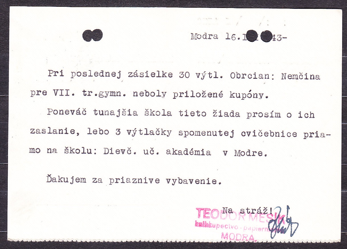 SLOVENSKÝ ŠTÁT 1943, poštový lístok. NAKLADATEĽSTVO, KNÍHKUPECTVO A PAPIERNICTVO, TEODOR MESÍK - MODRA.