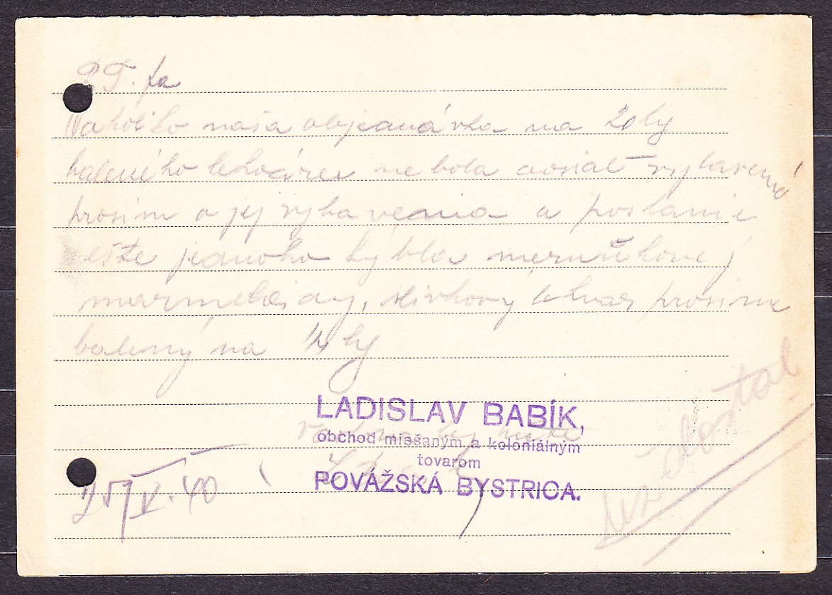 SLOVENSKÝ ŠTÁT 1940, poštový lístok. OBCHOD S MIEŠANÝM A KOLONIÁLNYM TOVAROM, LADISLAV BABÍK - POVAŽSKÁ BYSTRICA.