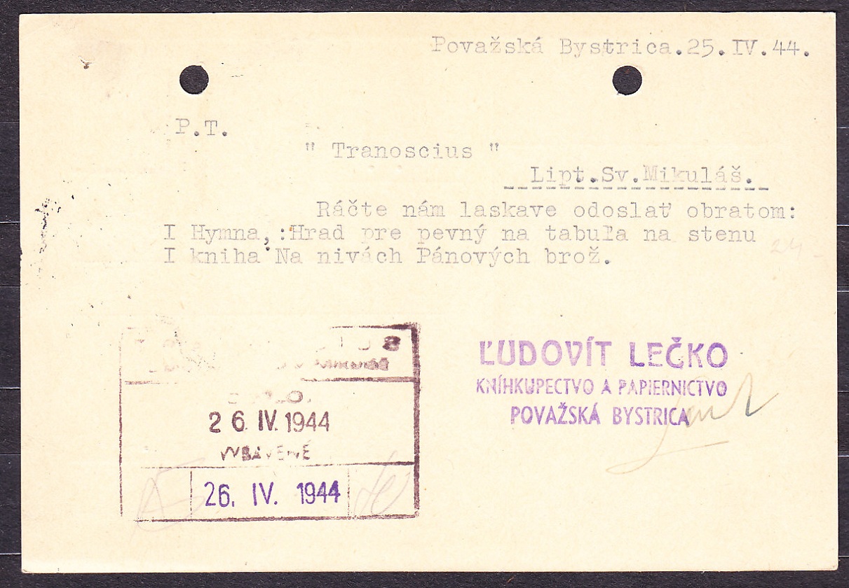 SLOVENSKÝ ŠTÁT 1944, poštový lístok. KNÍHKUPECTVO A PAPIERNICTVO, ĽUDOVÍT LEČKO - POVAŽSKÁ BYSTRICA.