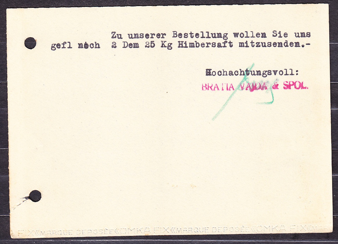 SLOVENSKÝ ŠTÁT 1940, poštový lístok. OBCHOD S KOLONIÁLNYM TOVAROM, BRATIA VAJDA A SPOL. - TRNAVA.