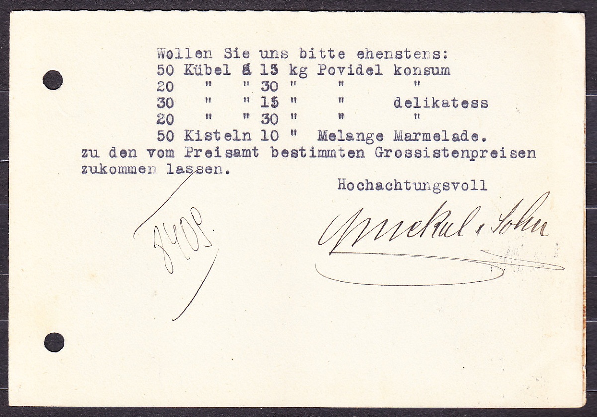 SLOVENSKÝ ŠTÁT 1940, poštový lístok. OBCHOD S KOLONIÁLNYM TOVAROM A ZVERINA, SMEKAL & SOHN - TRNAVA.