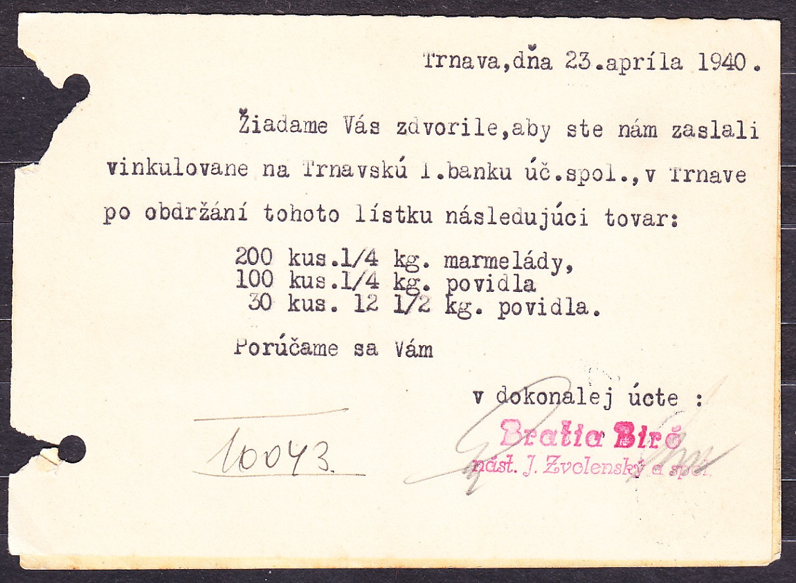 SLOVENSKÝ ŠTÁT 1940, poštový lístok. VEĽKOOBCHOD, BRATIA BIRÓ, NÁSTUPCA J. ZVOLENSKÝ - TRNAVA.