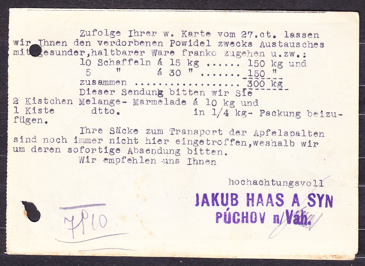 SLOVENSKÝ ŠTÁT 1940, poštový lístok. OBCHOD S MASLOM A MIEŠANÝM TOVAROM, JAKUB HAAS A SYN - PÚCHOV.