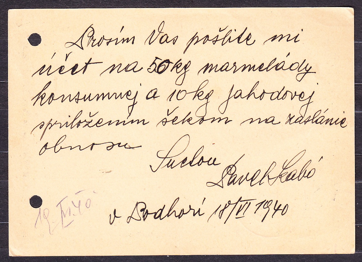 SLOVENSKÝ ŠTÁT 1940, poštový lístok. HOSTINEC A OBCHOD, PAVEL SZABO - PODHORIE, LADCE.