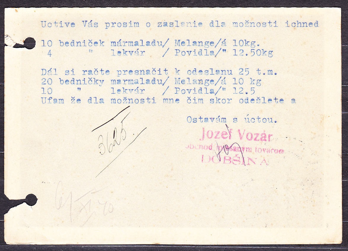SLOVENSKÝ ŠTÁT 1940, poštový lístok. OBCHOD S MIEŠANÝM TOVAROM, JOZEF VOZÁR - DOBŠINÁ.