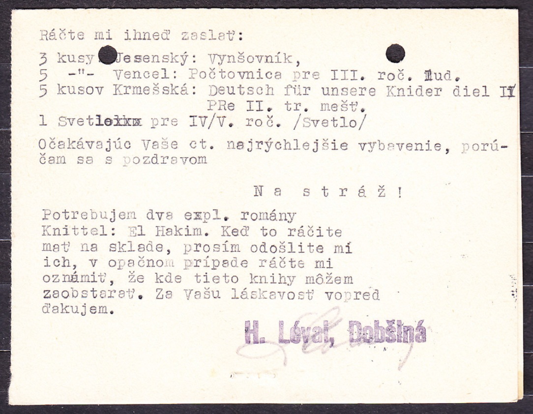 SLOVENSKÝ ŠTÁT 1943, poštový lístok. KNÍHKUPECTVO A PAPIERNICTVO, H. LÉVAI - DOBŠINÁ.