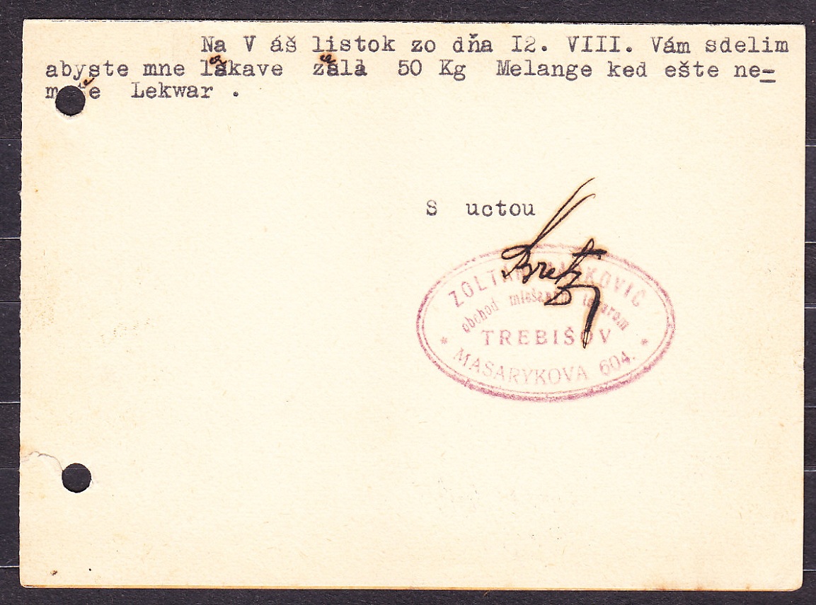 SLOVENSKÝ ŠTÁT 1939, poštový lístok. OBCHOD S MIEŠANÝM TOVAROM, ZOLTÁN MARKOVIČ - TREBIŠOV.