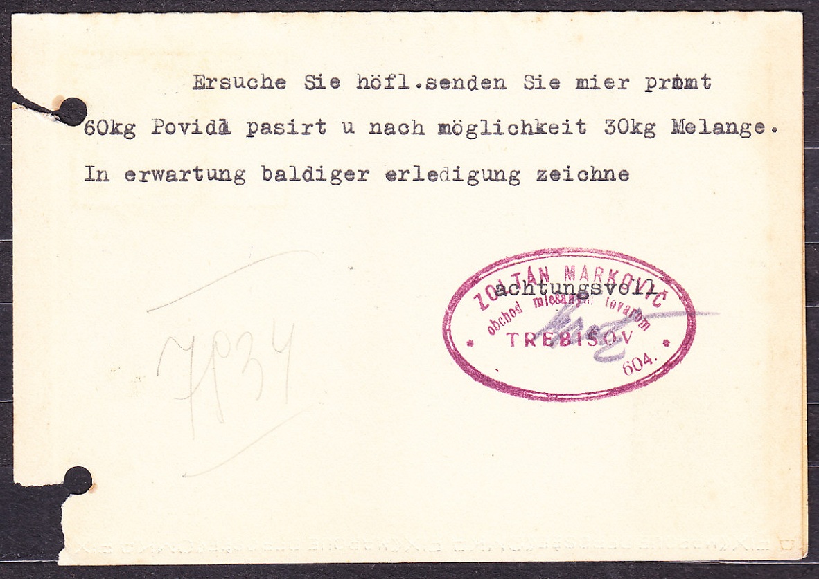 SLOVENSKÝ ŠTÁT 1940, poštový lístok. OBCHOD S MIEŠANÝM TOVAROM a KUCHYNSKÝMI NÁDOBAMI, ZOLTÁN MARKOVIČ - TREBIŠOV.