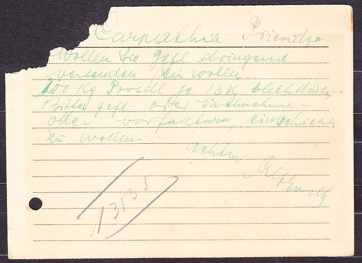 SLOVENSKÝ ŠTÁT 1939, poštový lístok. VEĽKOOBCHOD S KOŽOU, ŽELEZOM, SKLOM, PORCELÁNOM A MIEŠANÝM TOVAROM, EUGEN LEFKOVITS - TREBIŠOV. POŠKODENÁ !!! Použitá súbežná známka z ČSR 1 !