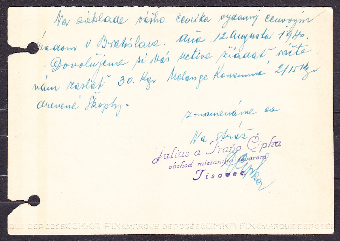 SLOVENSKÝ ŠTÁT 1940, poštový lístok. OBCHOD S MIEŠANÝM TOVAROM, JULIUS & FRAŇO ČIPKA - TISOVEC.