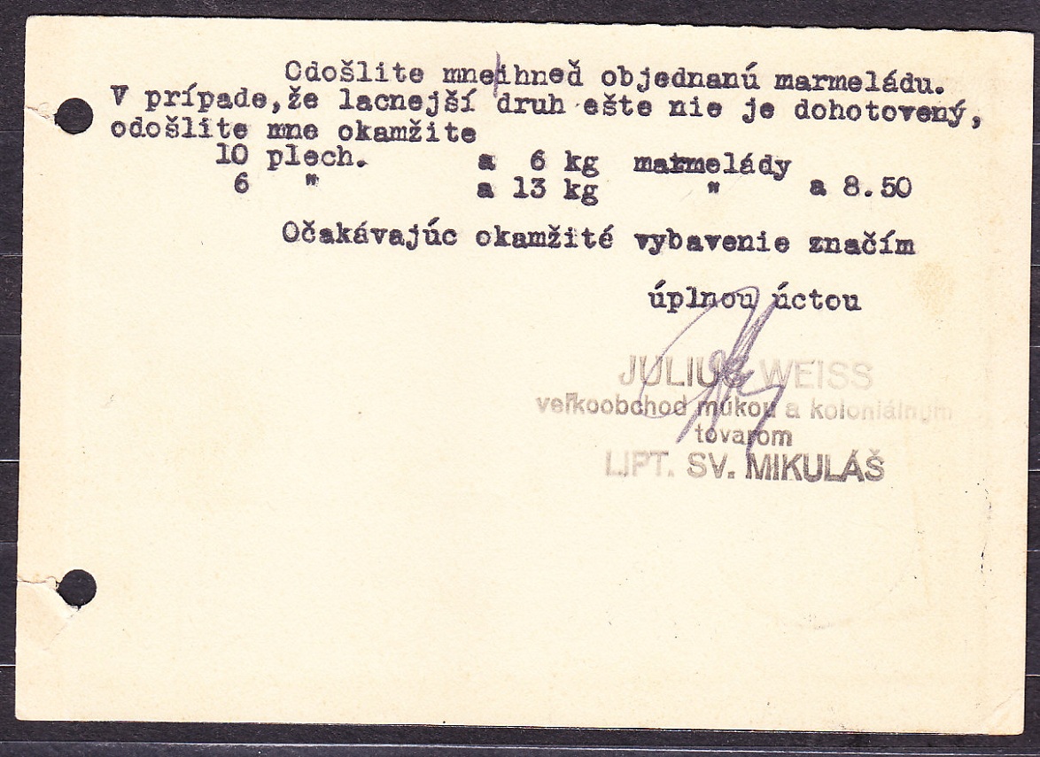 SLOVENSKÝ ŠTÁT 1939, poštový lístok. VEĽKOOBCHOD S MÚKOU A KOLONIÁLNYM TOVAROM, JULIUS WEISS - LIPTOVSKÝ MIKULÁŠ.
