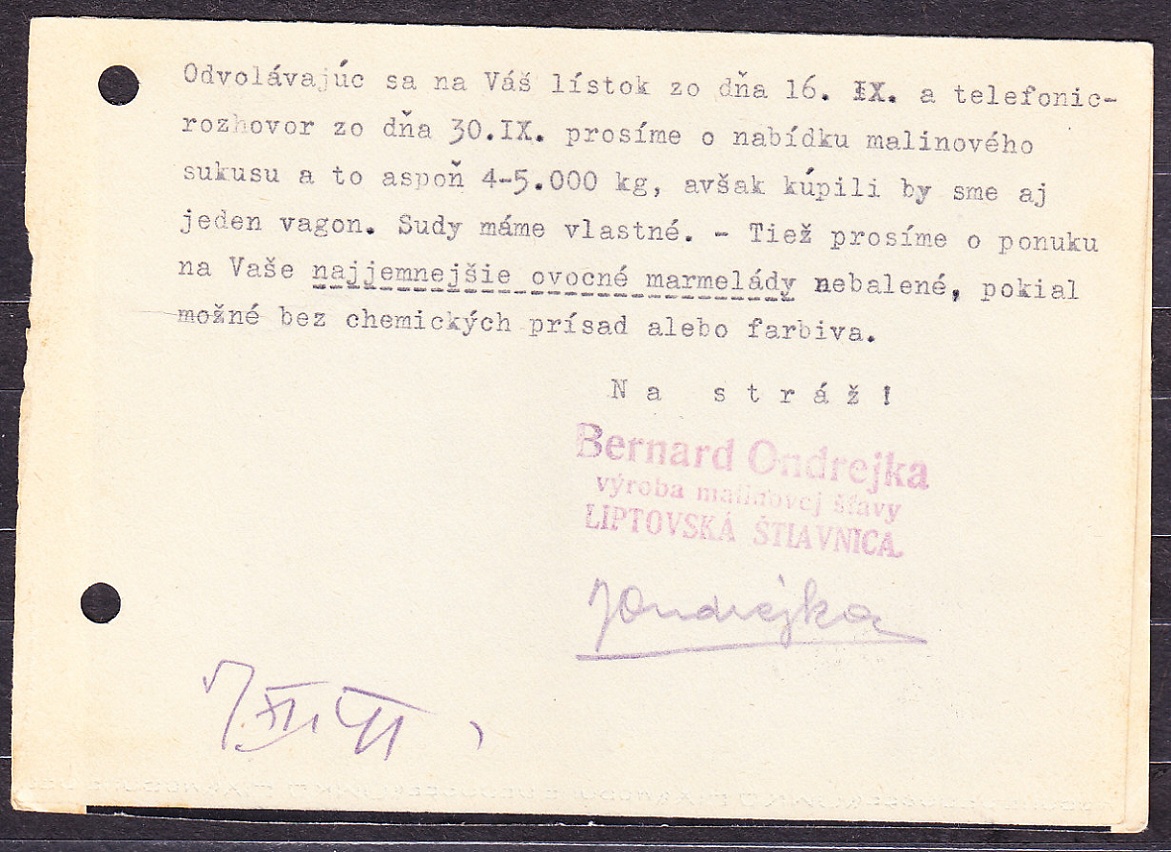 SLOVENSKÝ ŠTÁT 1941, poštový lístok. VÝROBA MALINOVEJ ŠŤAVY A SPRACOVANIE LESNÝCH PLODÍN, BERNARD ONDREJKA - LIPTOVSKÁ ŠŤIAVNICA.