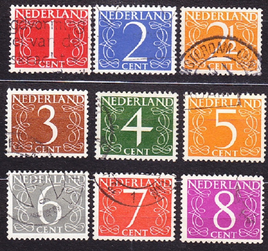 HOLANDSKO 1944-57, Michel 468-471, 612-614, 646, 691, 4 razené série. ČÍSLICE.