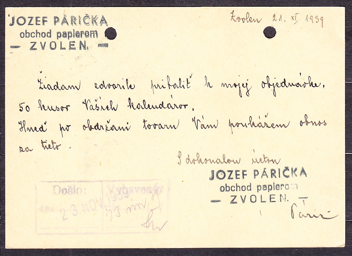 SLOVENSKÝ ŠTÁT 1939, použitá celina CDV 2. OBCHOD S PAPIEROM, JOZEF PÁRIČKA - ZVOLEN.