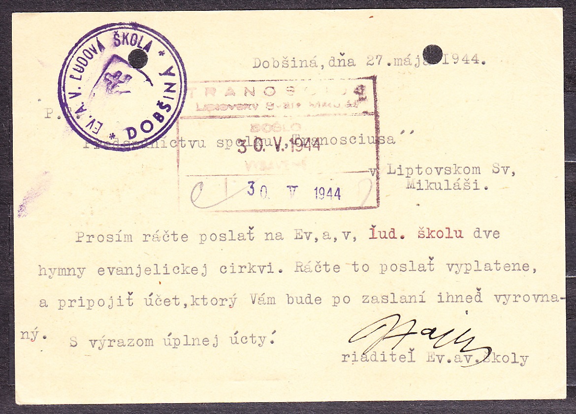 SLOVENSKÝ ŠTÁT 1944, použitá celina CDV 11. EVANJELICKÁ A ĽUDOVÁ ŠKOLA - DOBŠINÁ.