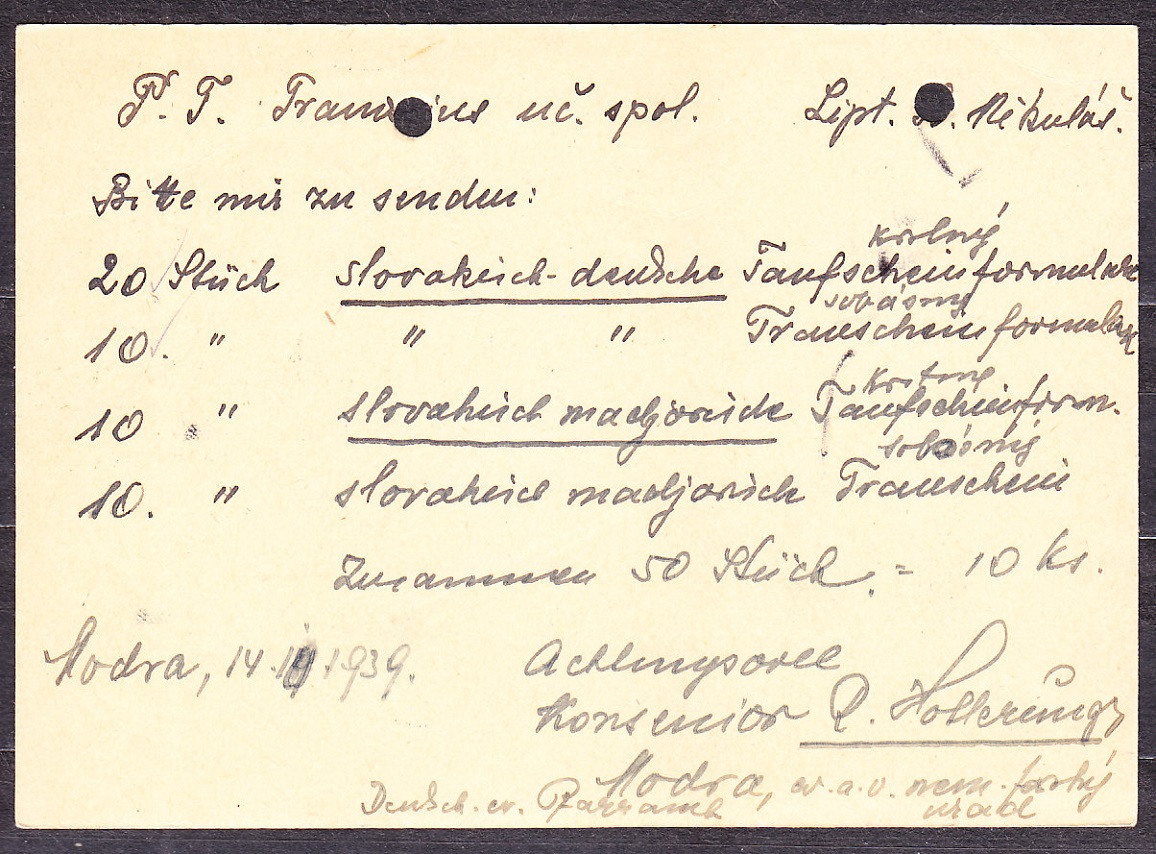 SLOVENSKÝ ŠTÁT 1939, použitá celina CDV 2. NEMECKÝ FARSKÝ ÚRAD - MODRA.