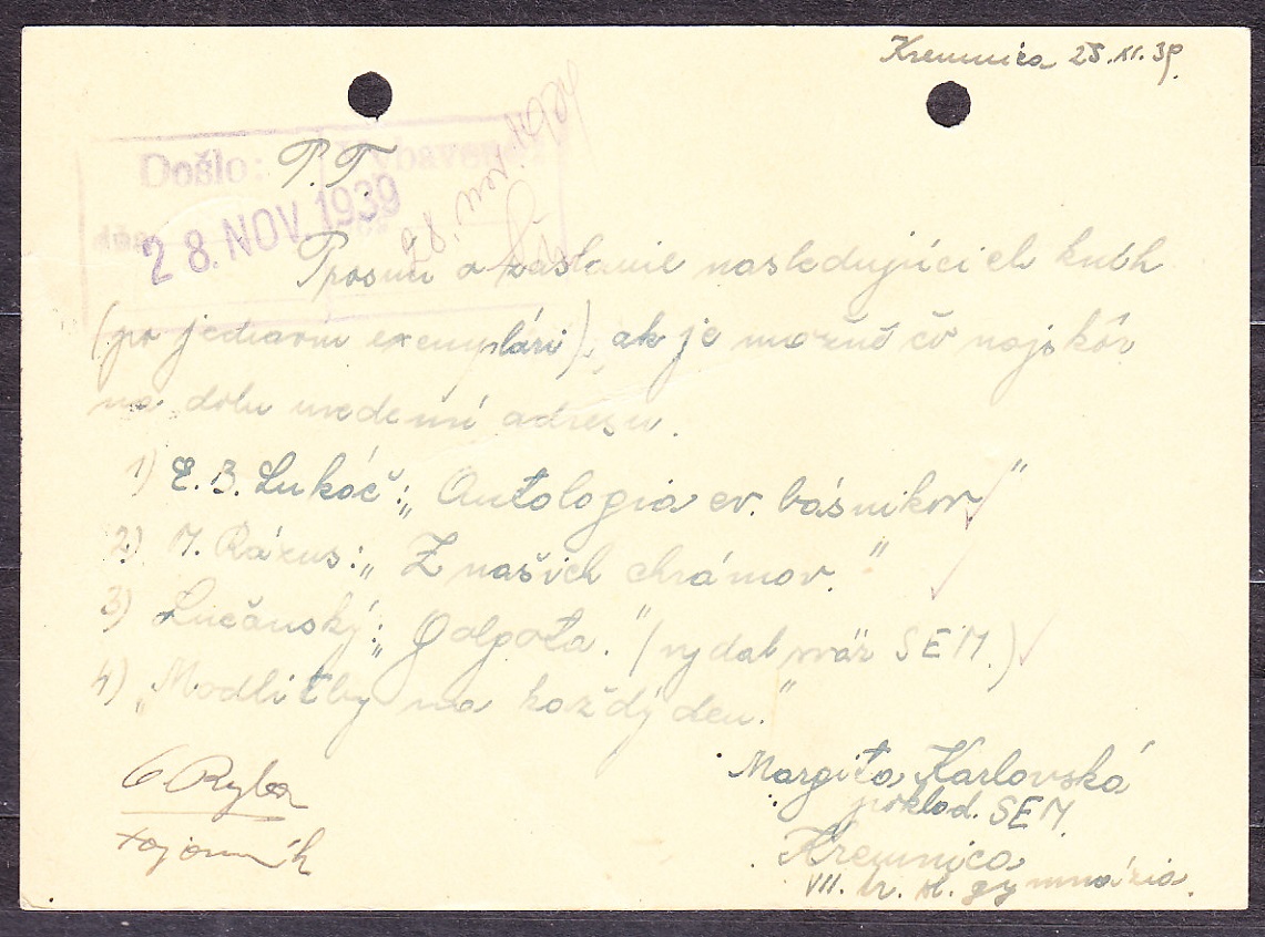 SLOVENSKÝ ŠTÁT 1939, použitá celina CDV 2. ZDRUŽENIE EVANJELICKEJ MLÁDEŽE - KREMNICA.