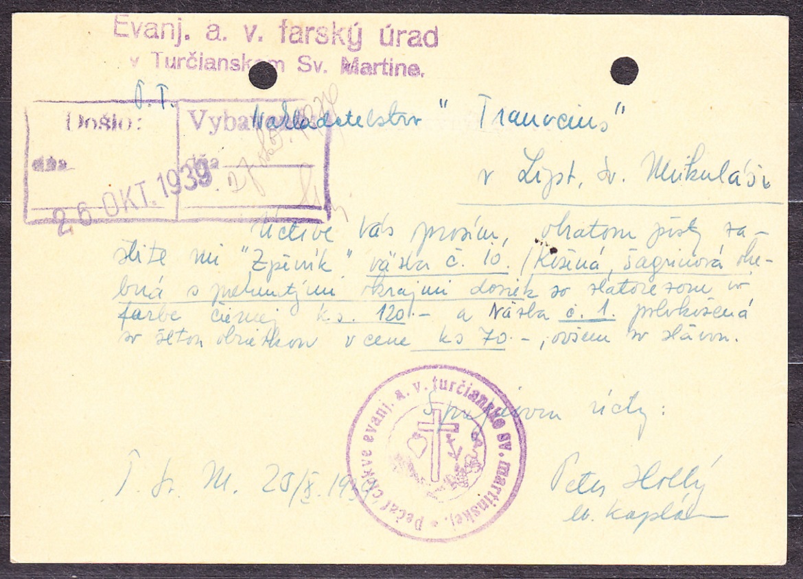 SLOVENSKÝ ŠTÁT 1939, použitá celina CDV 2. EVANJELICKÝ FARSKÝ ÚRAD - TURČIANSKY SVäTÝ MARTIN.