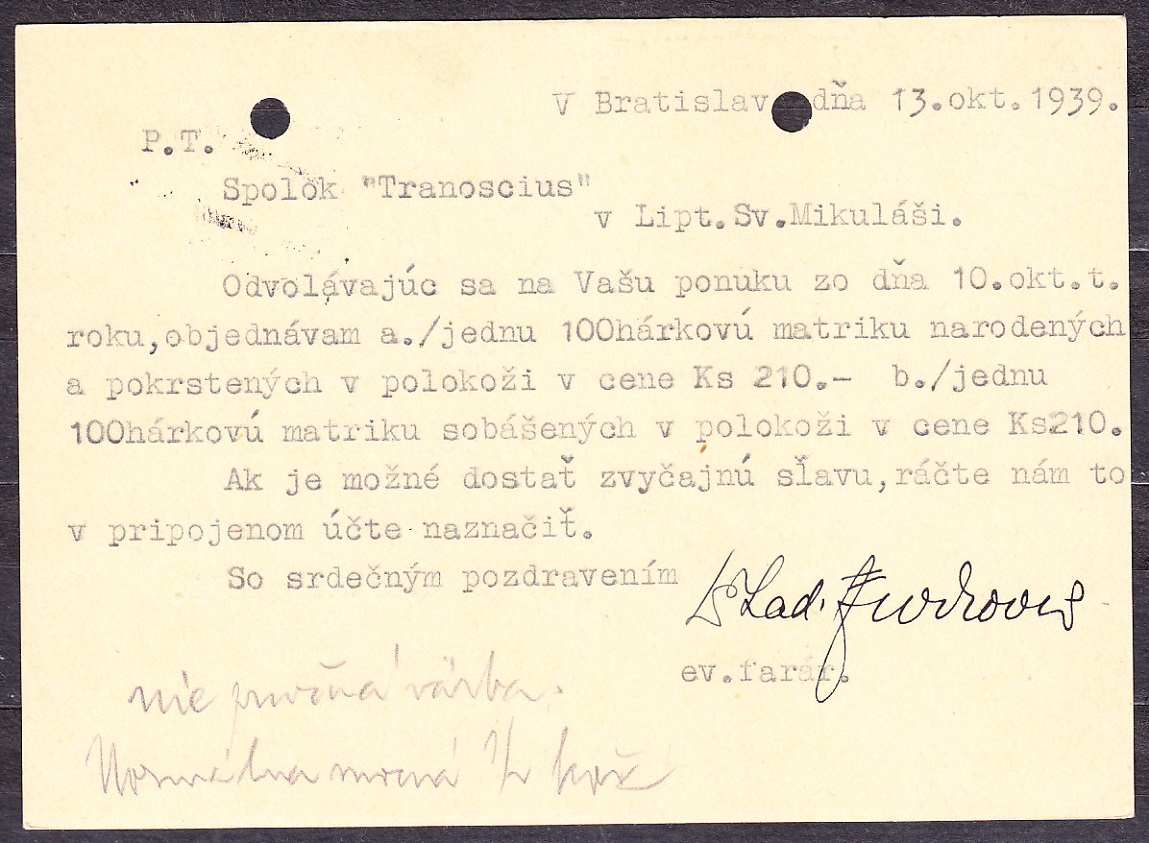 SLOVENSKÝ ŠTÁT 1939, použitá celina CDV 2. EVANJELICKÝ FARSKÝ ÚRAD A CIRKEVNÝ ZBOR - BRATISLAVA.