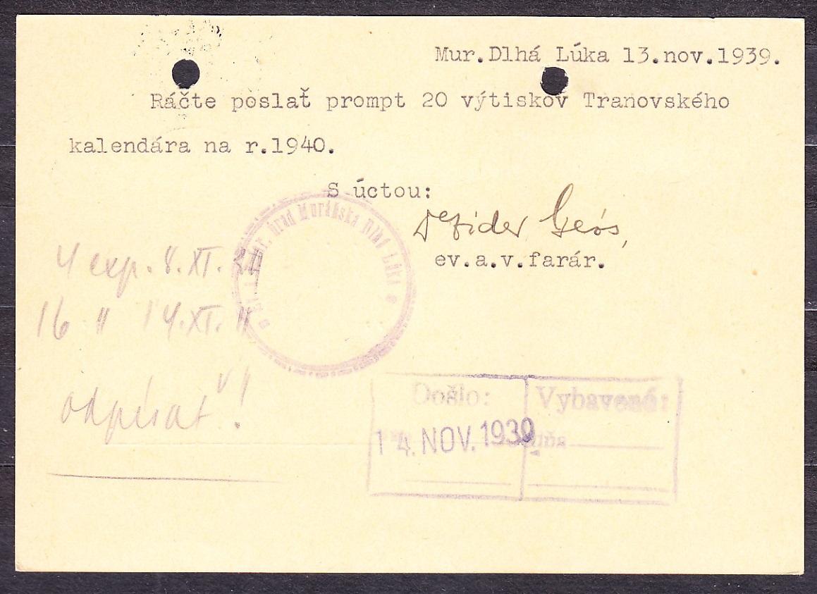 SLOVENSKÝ ŠTÁT 1939, použitá celina CDV 2. EVANJELICKÝ FARSKÝ ÚRAD - MURÁŇSKA DLHÁ LÚKA. VLAKOVÁ POŠTA FELEDINCE - TISOVEC !