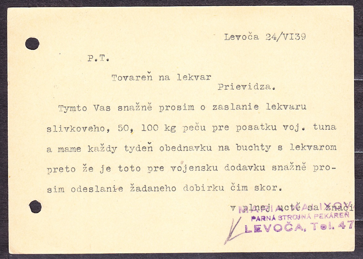 SLOVENSKÝ ŠTÁT 1939, použitá celina CDV 2. PARNÁ STROJNÁ PEKÁREŇ, MÁRIA KALIXOVÁ - LEVOČA.