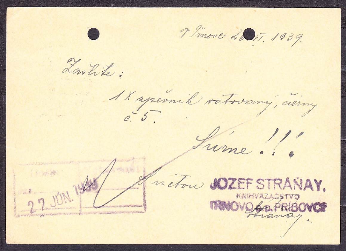 SLOVENSKÝ ŠTÁT 1939, použitá celina CDV 2. KNÍHVIAZAČSTVO, JOZEF STRÁŇAY - TRNOVO.