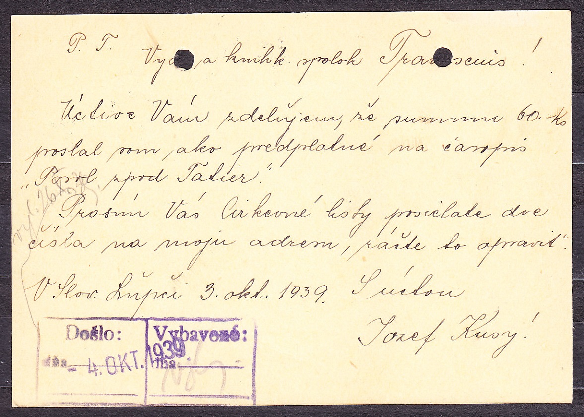 SLOVENSKÝ ŠTÁT 1939, použitá celina CDV 2. FARBIAR, JOZEF KUSÝ A SYN - SLOVENSKÁ ĽUPČA.