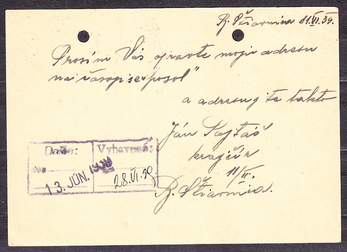 SLOVENSKÝ ŠTÁT 1939, použitá celina CDV 2. KRAJČÍR, JÁN PAJTÁŠ - BANSKÁ ŠTIAVNICA.