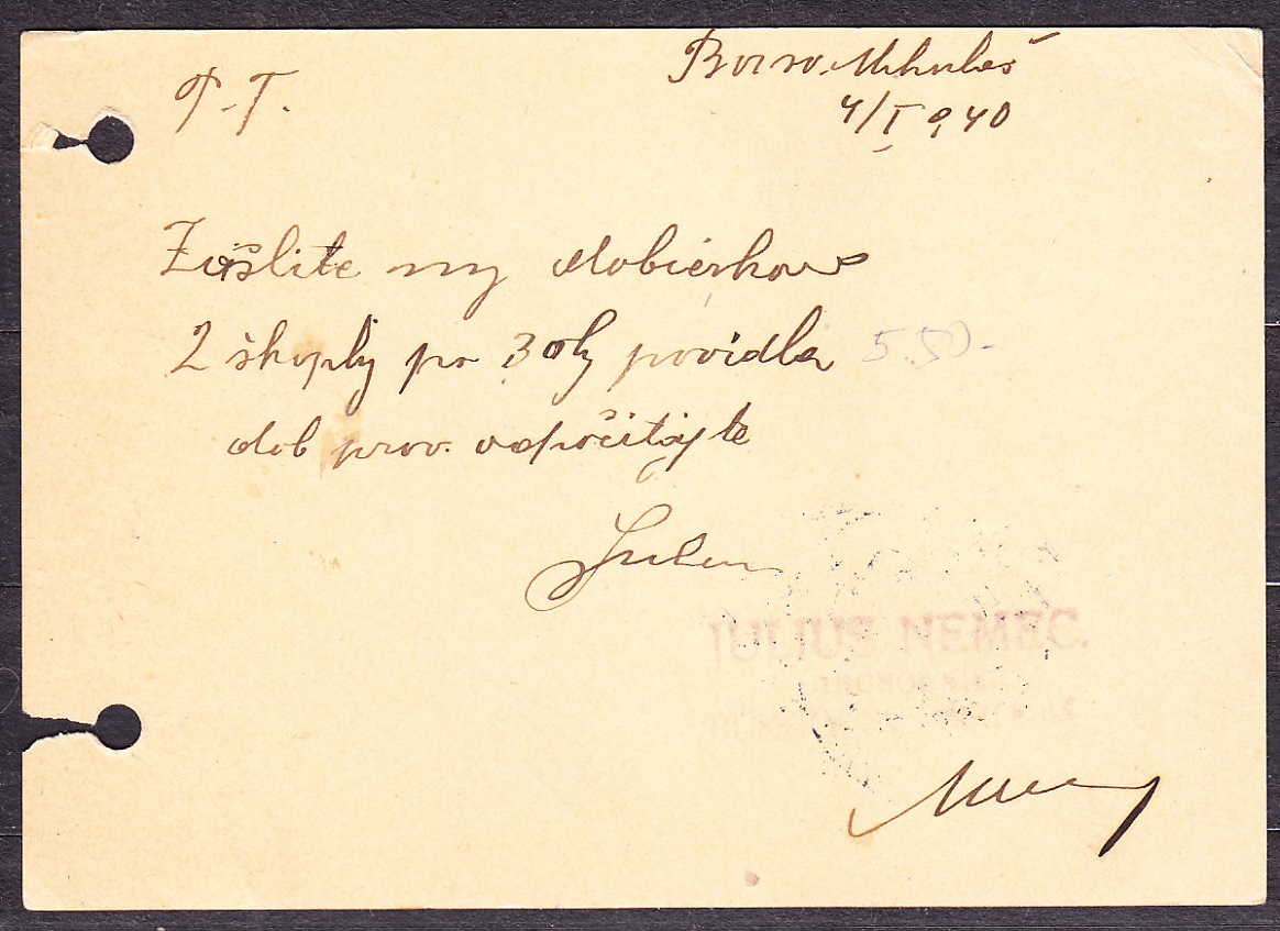 SLOVENSKÝ ŠTÁT 1940, použitá celina CDV 2. OBCHODNÍK, JULIUS NEMEC - BORSKÝ SVäTÝ MIKULÁŠ.