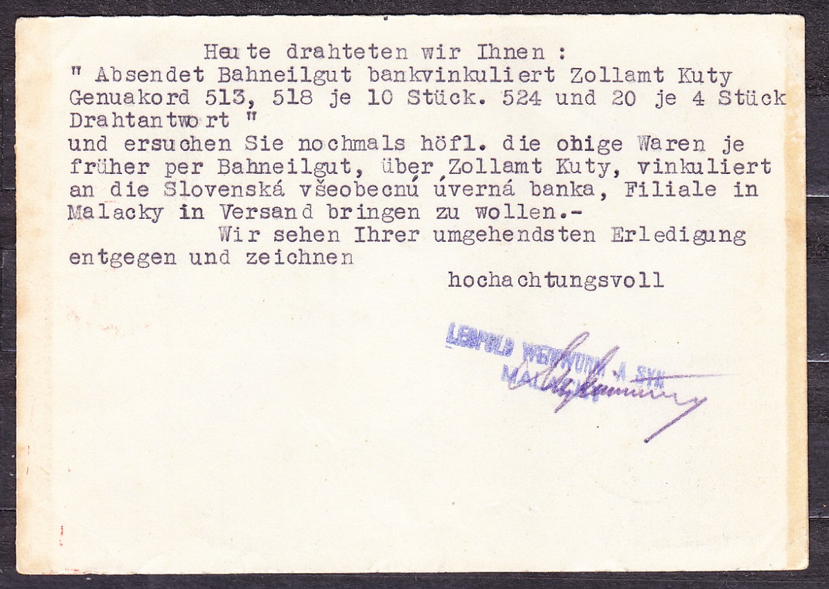SLOVENSKÝ ŠTÁT 1940, poštový lístok. OBCHOD S TEXTILNÝM TOVAROM, LEOPOLD WEINWURM A SYN - MALACKY.