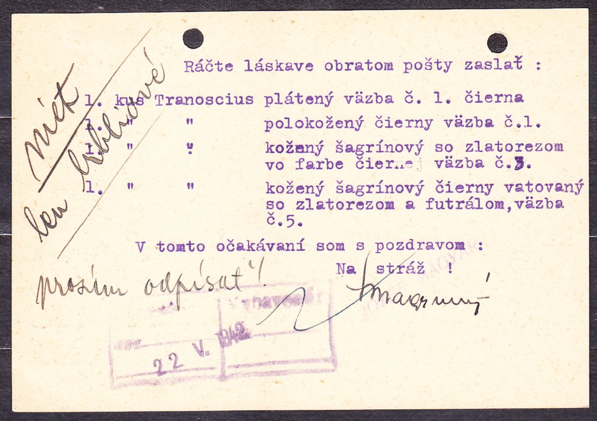 SLOVENSKÝ ŠTÁT 1942, poštový lístok. KNÍHKUPECTVO A PAPIERNICTVO, OBCHOD S PLYNOVÝMI LAMPAMI, JOZEF MAGYAR  - MODRÝ KAMEŇ.