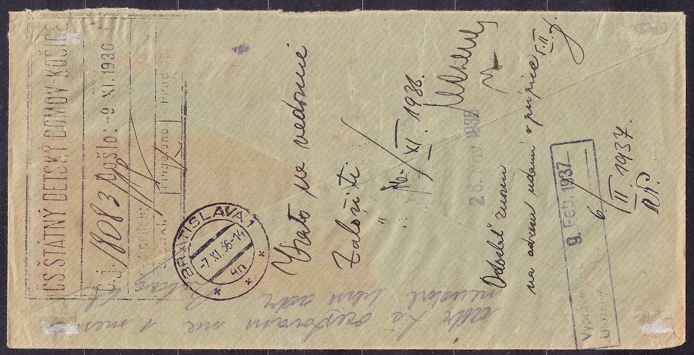 ČSR 1936, obálka. ČESKOSLOVENSKÝ ŠTÁTNY DETSKÝ DOMOV - KOŠICE.