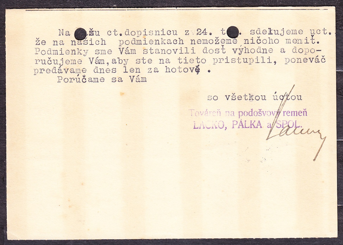 ČSR 1934, poštový lístok. TOVÁREŇ NA REMEŇ, LACKO, PÁLKA A SPOL. - LIPTOVSKÝ MIKULÁŠ.
