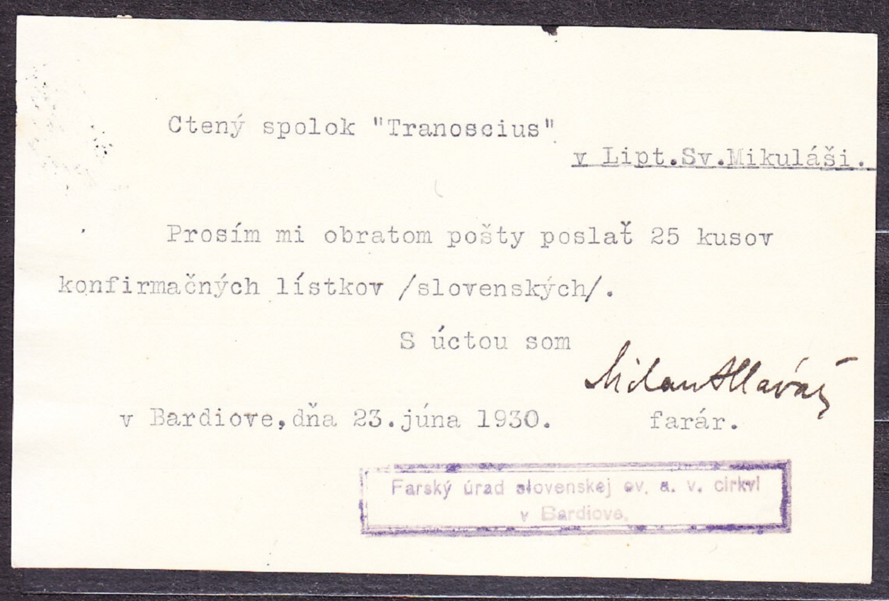 ČSR 1930, poštový lístok. FARSKÝ ÚRAD - BARDEJOV.