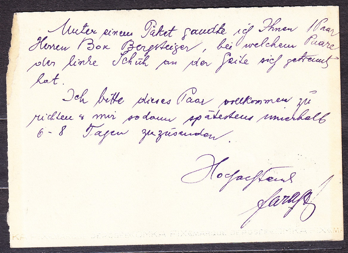 ČSR 1938, poštový lístok. OBCHOD S OBUVOU, ALEX FARAGÓ - KOŠICE.