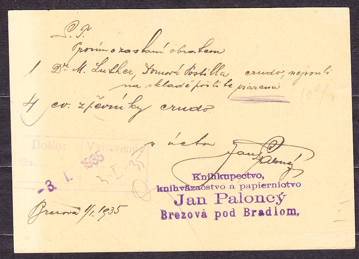 ČSR 1935, celina.  KNÍHKUPECTVO, KNÍHVIAZAČSTVO, JAN PALONCÝ - BREZOVÁ POD BRADLOM.