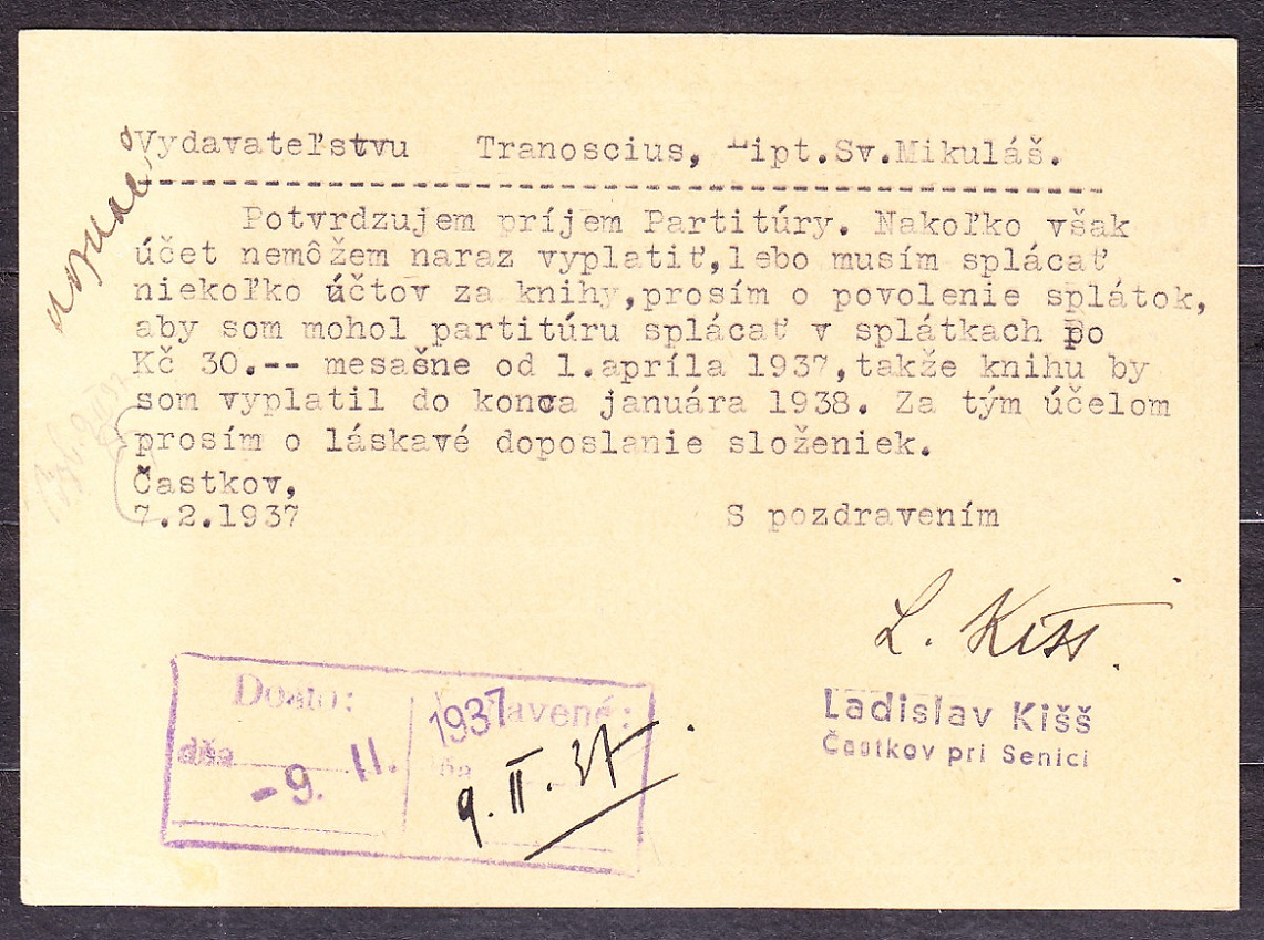 ČSR 1937, celina. LADISLAV KIŠŠ - ČASTKOV, ROHOV, OKR. SENICA.