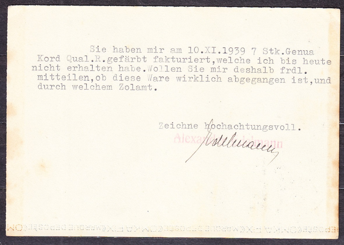 SLOVENSKÝ ŠTÁT 1939, poštový lístok. OBCHOD S TEXTILNÝM TOVAROM, ALEXANDER EDELMANN - BANSKÁ BYSTRICA.