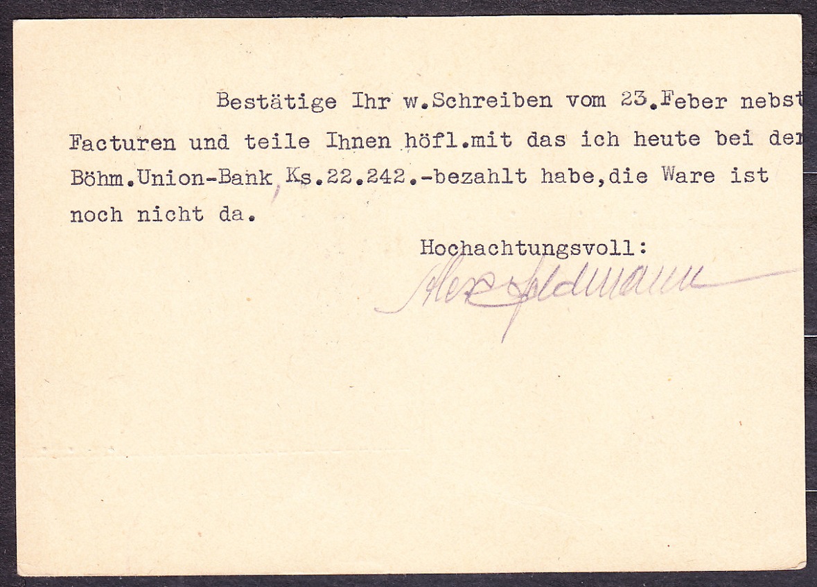 SLOVENSKÝ ŠTÁT 1940, poštový lístok. OBCHOD S BAVLNOU A VLNOU, ALEXANDER FELDMANN - BRATISLAVA.