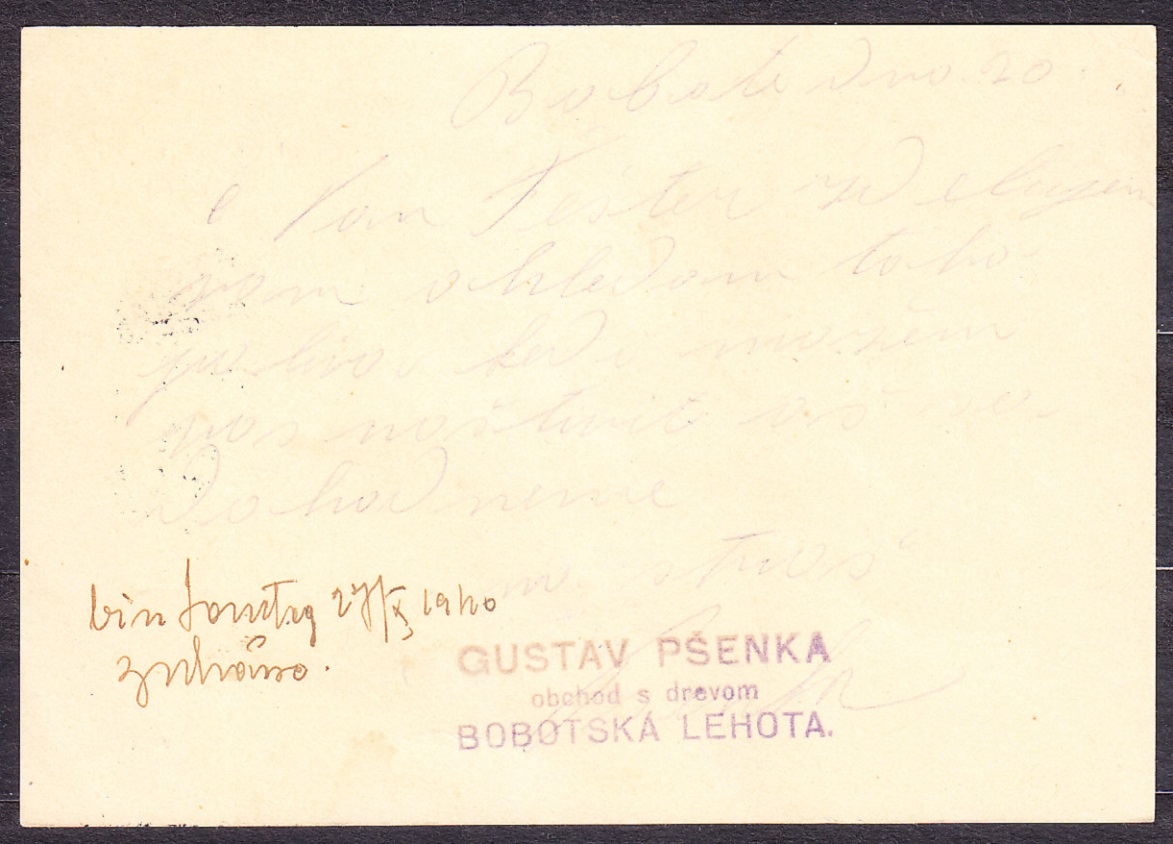 SLOVENSKÝ ŠTÁT 1940, použitá celina CDV 2. OBCHOD S DREVOM, GUSTAV PŠENKA - BOBOTSKÁ LEHOTA.