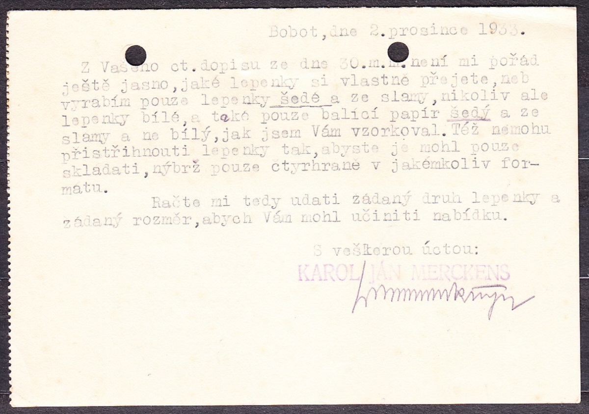 ČSR 1933, poštový lístok. TOVÁRŇA PAPIERU, KAROL JÁN MERCKENS - BOBOT.