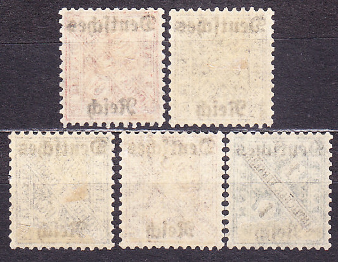 DEUTSCHES REICH 1920, Michel 58-60, 63-64, * čisté. SLUŽOBNÉ. PRETLAČE NA ZNÁMKACH Z WURTTEMBERGU.