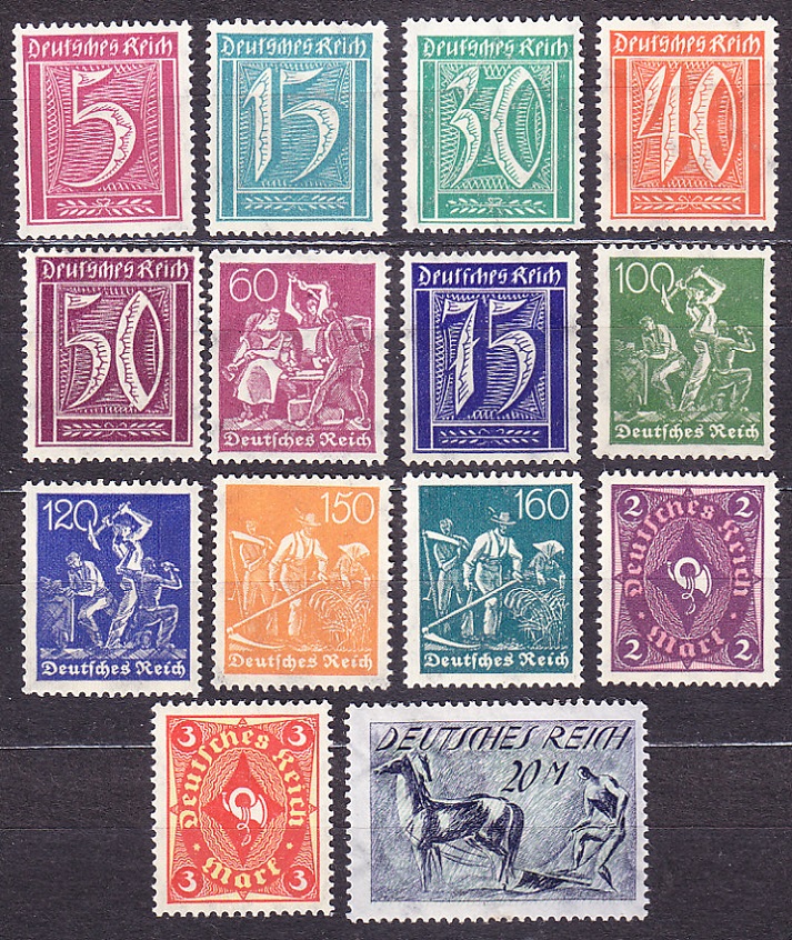 DEUTSCHES REICH 1921, Michel 177, 179, 181-185, 187-192, 196, * čisté. ČÍSLICE, REMESLÁ, POŠTOVÝ ROH.