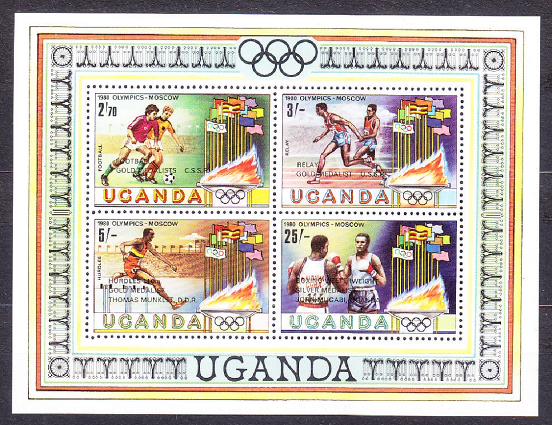 UGANDA 1981, Michel 286-289 + Block 25, ** čistá séria + hárček. LOH V MOSKVE - OLIMPIJSKÍ MEDAILISTI.