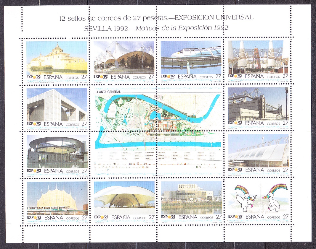 ŠPANIELSKO 1992, Michel 3036-3059, ** čistá séria v dvoch tlačových listoch. SVETOVÁ VÝSTAVA EXPO V SEVILLE.