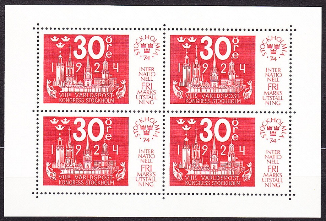 ŠVÉDSKO 1974, Michel Block 2-5, ** čisté hárčeky - komplet. VÝSTAVA ZNÁMOK STOCKHOLMIA ´74.