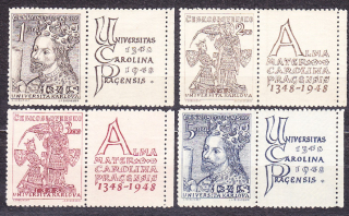 ČSSR 1948, Pofis 470 KP - 473 KP, ** čistá séria s pravými kupónmi. KARLOVA UNIVERZITA.